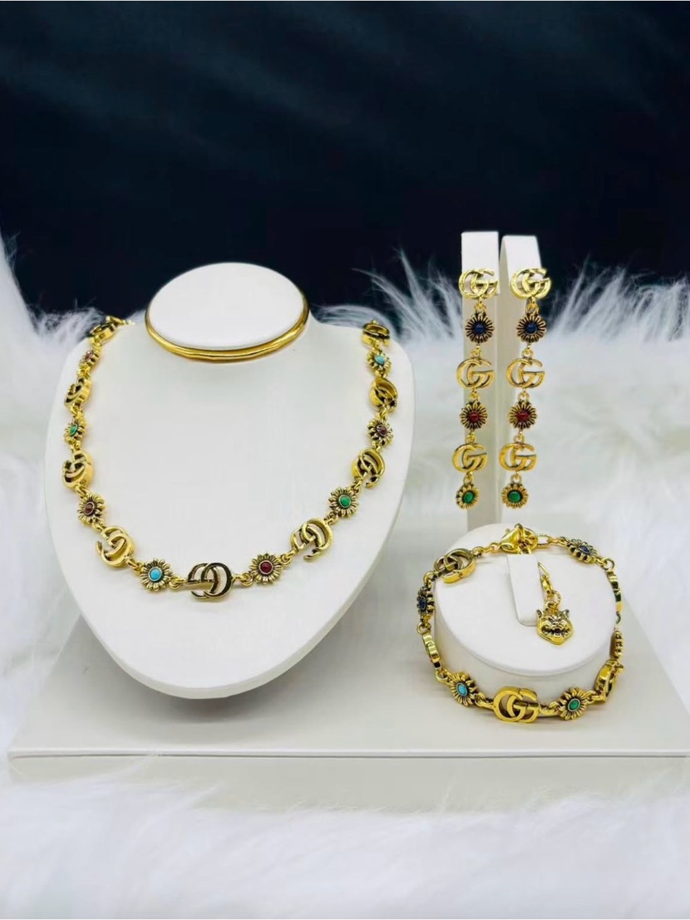 Gold-Tone Multicolor Stone Necklace, Bracelet & Earring Set